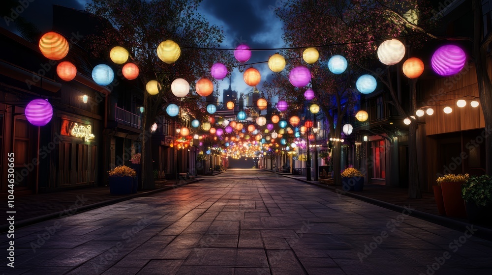 Colorful lanterns illuminate a street, creating festive atmosphere explore the beauty of urban decor and lighting design Colorful lanterns illuminate a street, creating festive atmosphere explore the beauty of urban decor and lighting design