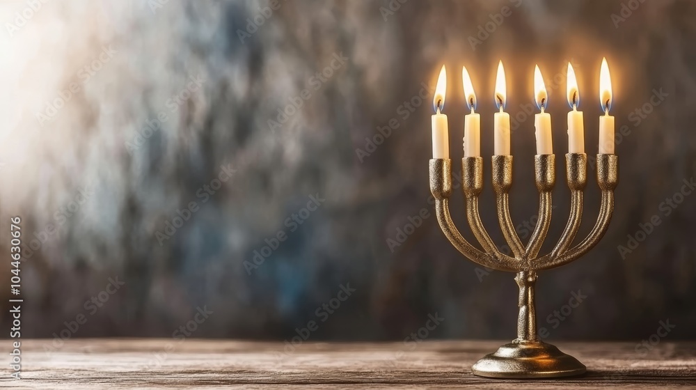 Purple candle menorah, symbol of light and hope on a wooden table decoration, home decor, interior design, jewish tradition Purple candle menorah, symbol of light and hope on a wooden table decoration, home decor, interior design, jewish tradition