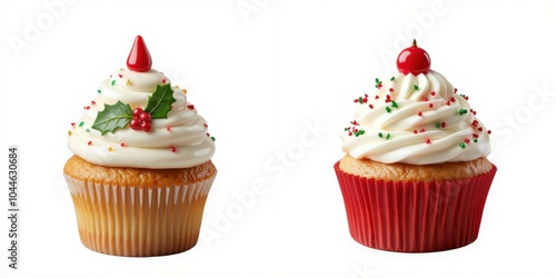 Two festive holiday cupcakes, white isolate background photo