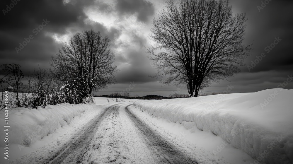 Obraz premium Snowy Road with Trees Under Dramatic Sky