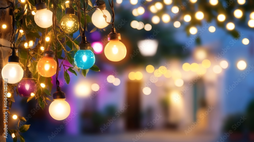 Purple fairy lights hanging on a tree, magical outdoor decor for whimsical atmosphere Purple fairy lights hanging on a tree, magical outdoor decor for whimsical atmosphere