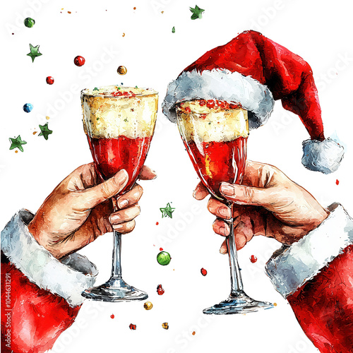 Celebrate the festive season with cheerful hands holding glasses of sparkling drinks, adorned in Santa hats and holiday spirit.