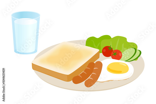 牛乳と洋食の朝ごはんのベクターイラスト