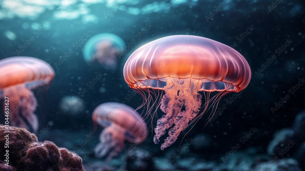 Fototapeta premium Jellyfish swimming gracefully in both aquarium and sea environments with fish in a serene underwater world, illuminated by soft blue light, showcasing the beauty of marine life