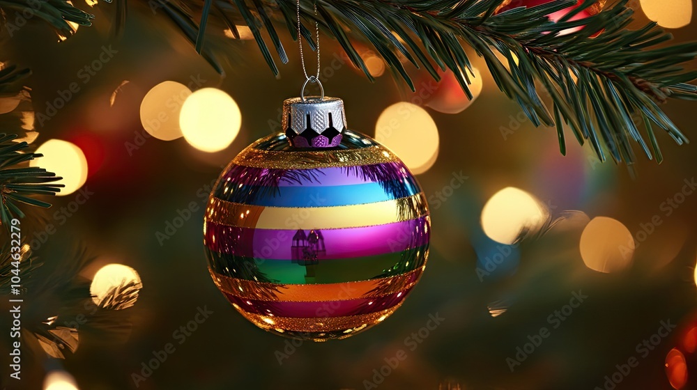 Fototapeta premium Colorful Ornament Hanging from Christmas Tree Branch