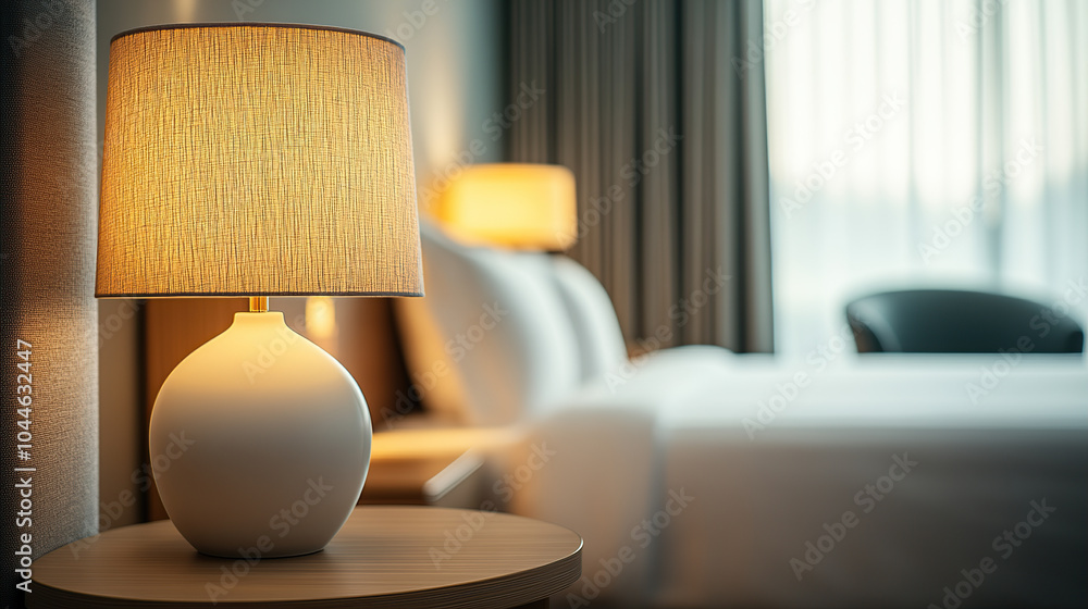 Close-up photo of a hotel room with a white lamp on a side table and a bed in the background, soft lighting Close-up photo of a hotel room with a white lamp on a side table and a bed in the background, soft lighting