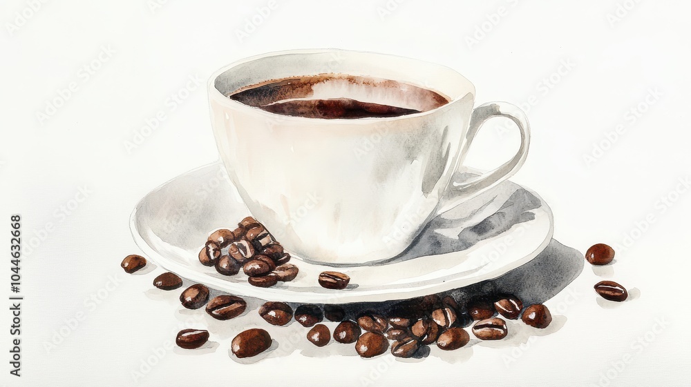 Fototapeta premium Artistic set of vector coffee beans and coffee cup drinks isolated on white background,hand-drawn vector,hot coffee drinks,cafe shop,modern flat design,Fashionable and cute coffee motif concept.