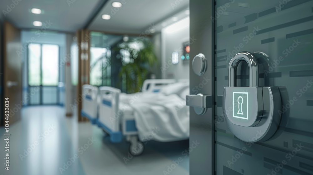 Digital lock on hospital bed representing patient data privacy and healthcare data security Digital lock on hospital bed representing patient data privacy and healthcare data security