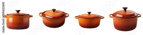 Various orange cooking pots, white isolate background