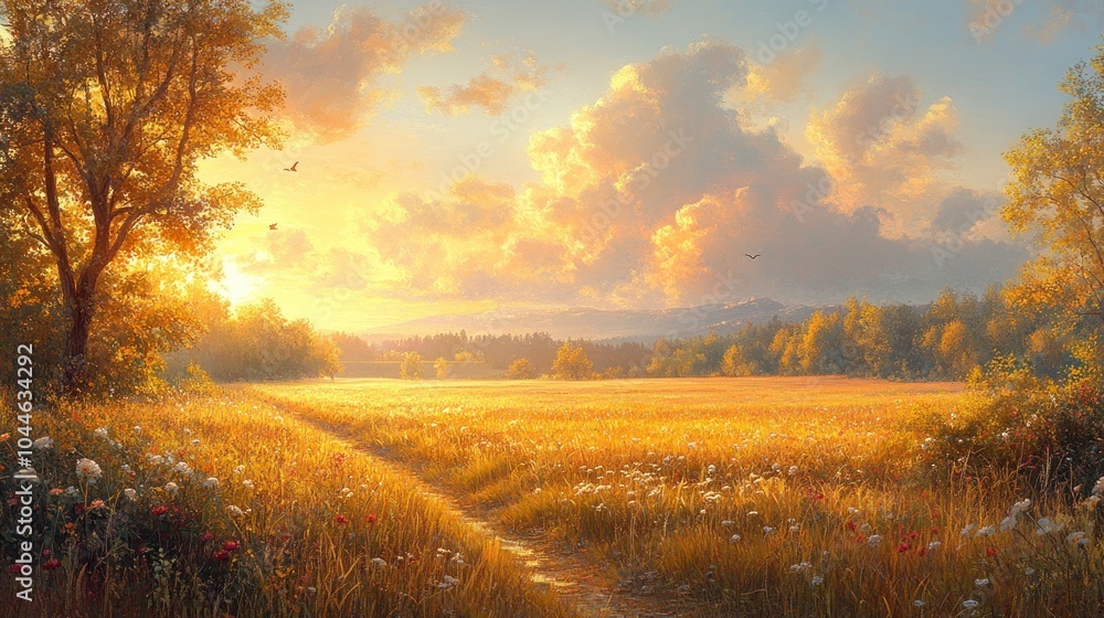 Serene sunset over a golden field with trees and clouds. Serene sunset over a golden field with trees and clouds.