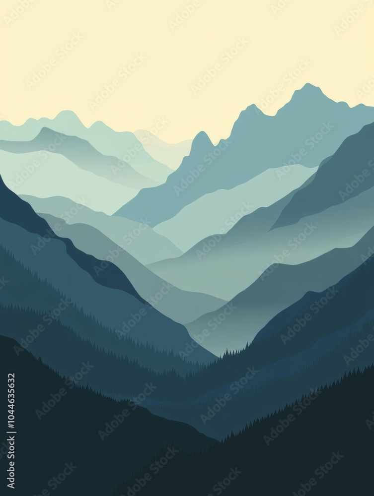 Fototapeta premium The silhouette of a mountain range emerges against a soft backdrop, inviting exploration and adventure in a tranquil setting. Generative AI