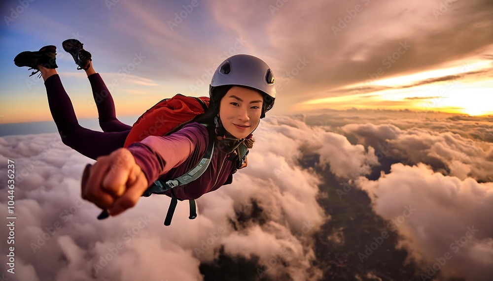 The image shows a person standing on a rock at the top of a mountain, surrounded by nature and a wide-open sky, capturing the essence of adventure and the beauty of the outdoors