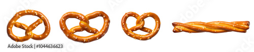 Various types of pretzels on a white isolated background.