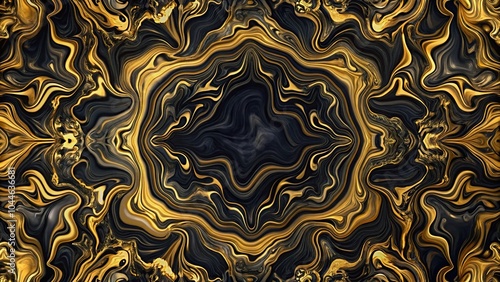 Symmetrical black and gold marble background with liquid abstract pattern