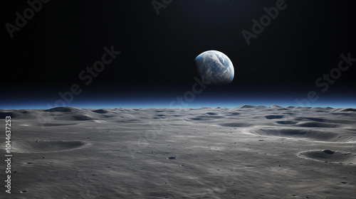 Fototapeta Naklejka Na Ścianę i Meble -  landscape view of lunar surface with Earth in distance with craters and dark sky filled with stars outter space landscape concept