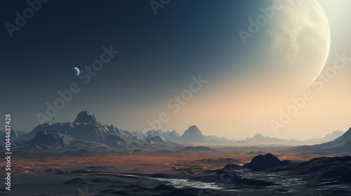 alien landscape with distant moon, craters and towering mountains under vast sky. space exploration concept