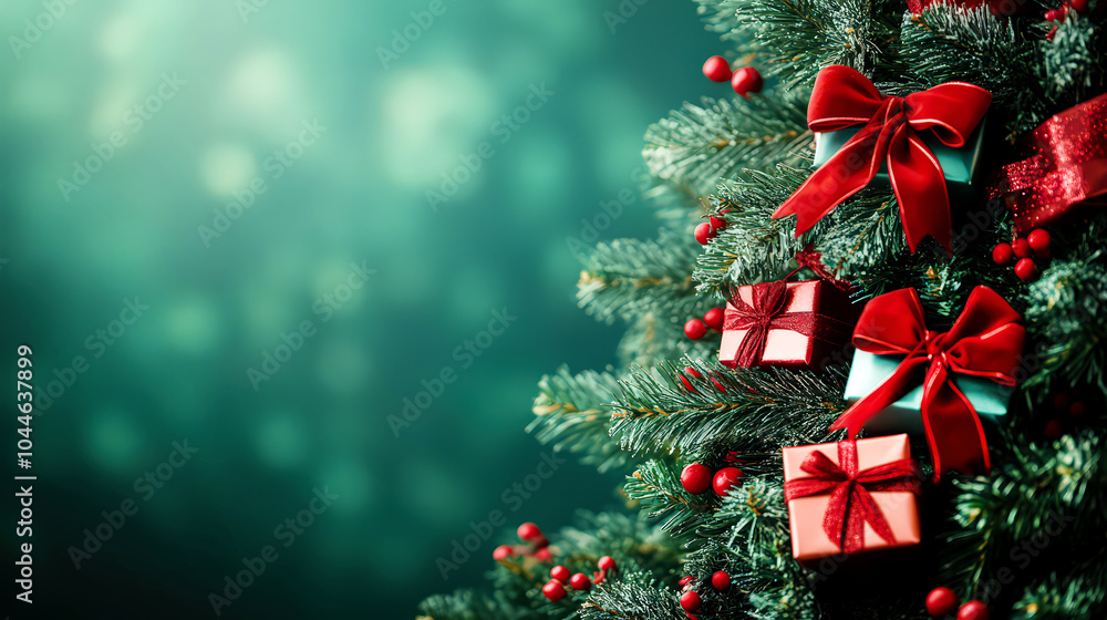 Bright red balls and bows decorate the Christmas tree. Beautiful festive background with garlands for the New Year with empty space for text Bright red balls and bows decorate the Christmas tree. Beautiful festive background with garlands for the New Year with empty space for text