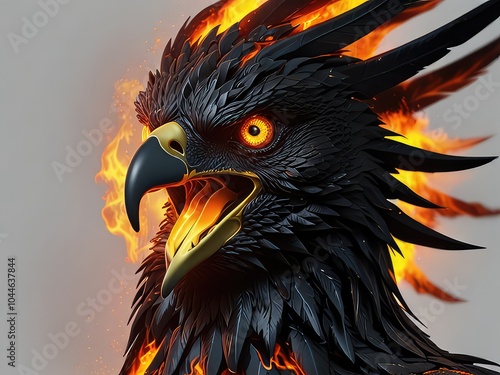 abstract 3d background with a eagls face on black background, A scary black eagle face logo in the fire on a white background. A magical creature made of fire	 photo