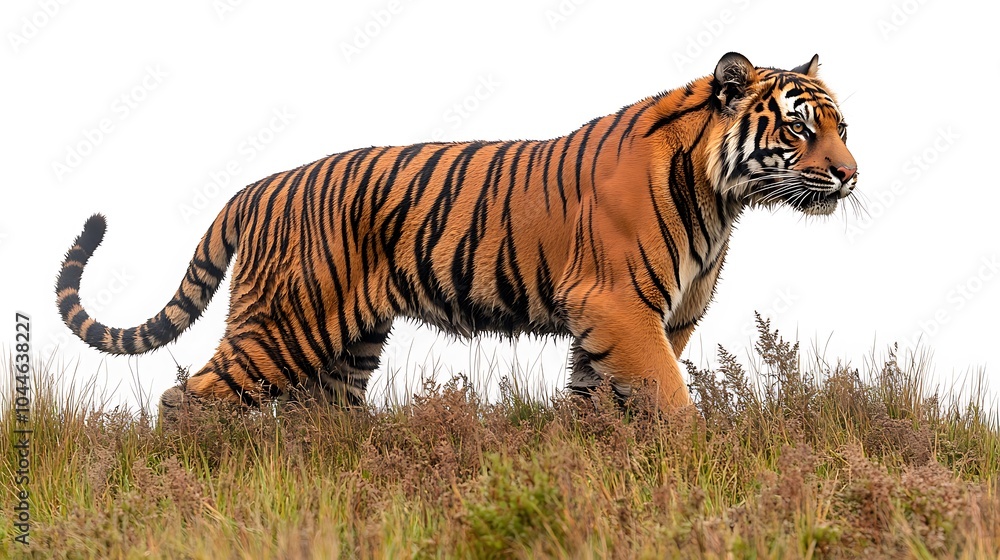 Obraz premium Majestic Tiger Walking Through Vibrant Grassland