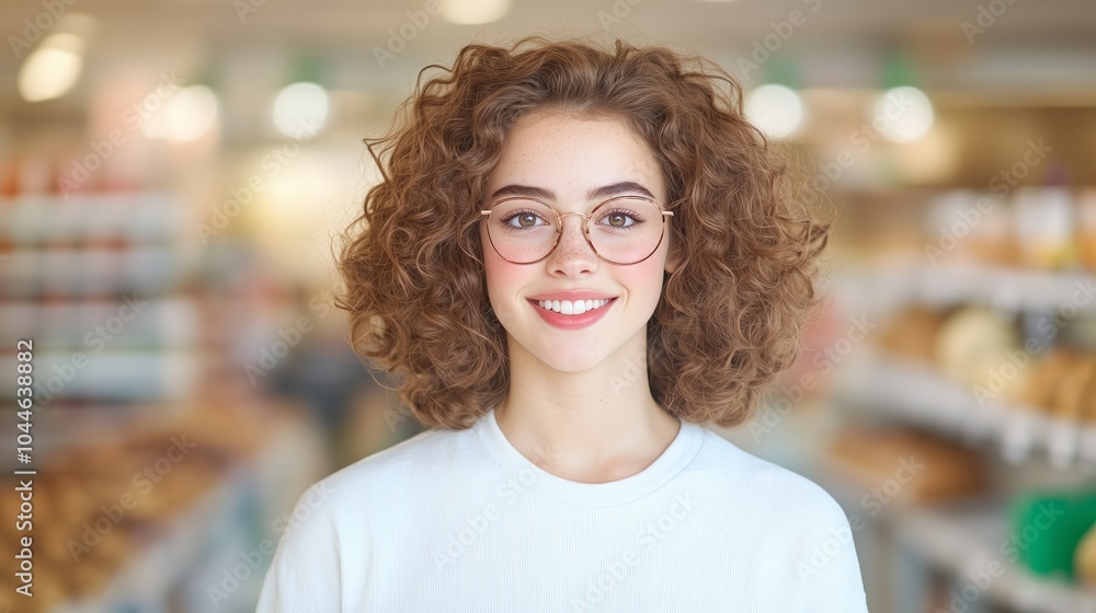 Smiling Female Supermarket Worker in Uniform Standing in Front of Blurry Supermarket Shelves Smiling Female Supermarket Worker in Uniform Standing in Front of Blurry Supermarket Shelves