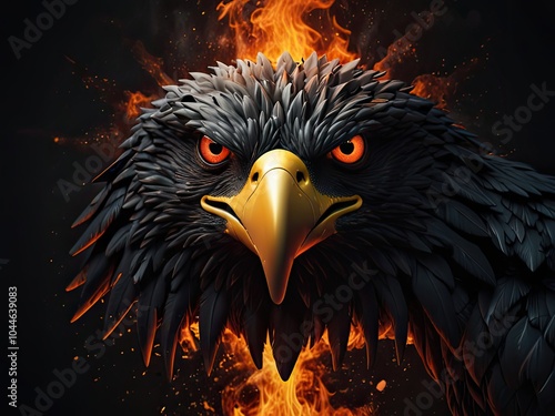 abstract 3d background with a eagls face on black background, A scary black eagle face logo in the fire on a white background. A magical creature made of fire	 photo