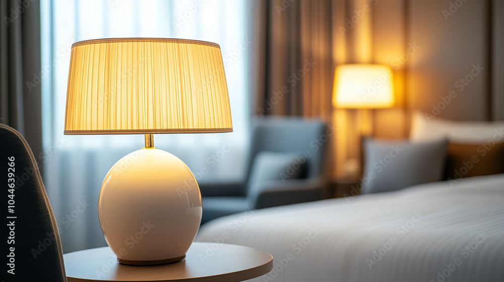 Close-up photo of a hotel room with a white lamp on a side table and a bed in the background, soft lighting Close-up photo of a hotel room with a white lamp on a side table and a bed in the background, soft lighting