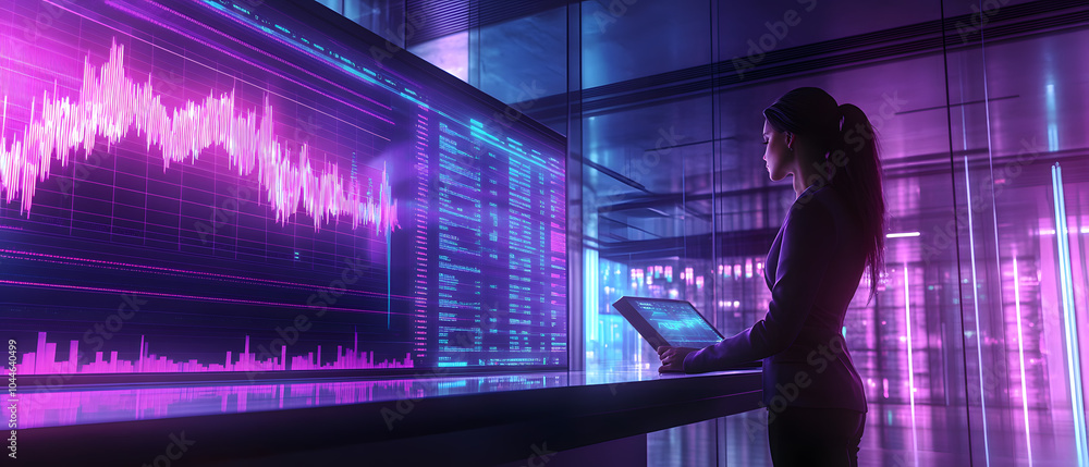 Futuristic Business & Stock Investment Visuals: High-Tech, Neon-Lit Financial Concepts with Modern Urban Backdrops Futuristic Business & Stock Investment Visuals: High-Tech, Neon-Lit Financial Concepts with Modern Urban Backdrops