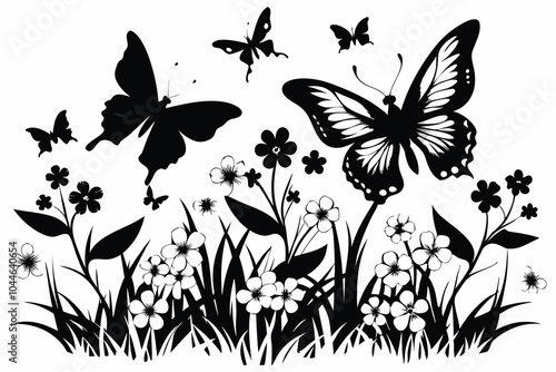 Butterflies fluttering above flowers F.eps