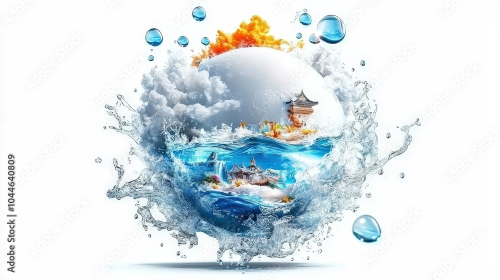 Fototapeta premium Artistic Sphere with Water and Fantasy Landscapes