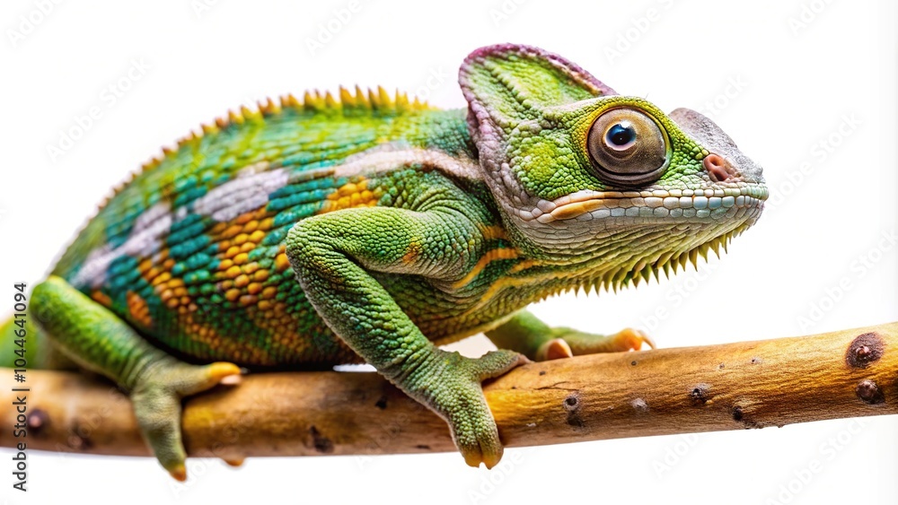 Fototapeta premium Symmetrical chameleon on tree branch against white background