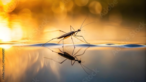 Silhouette of a water insect Gerris lacustris or commonly known as a pond skater on the water surface photo