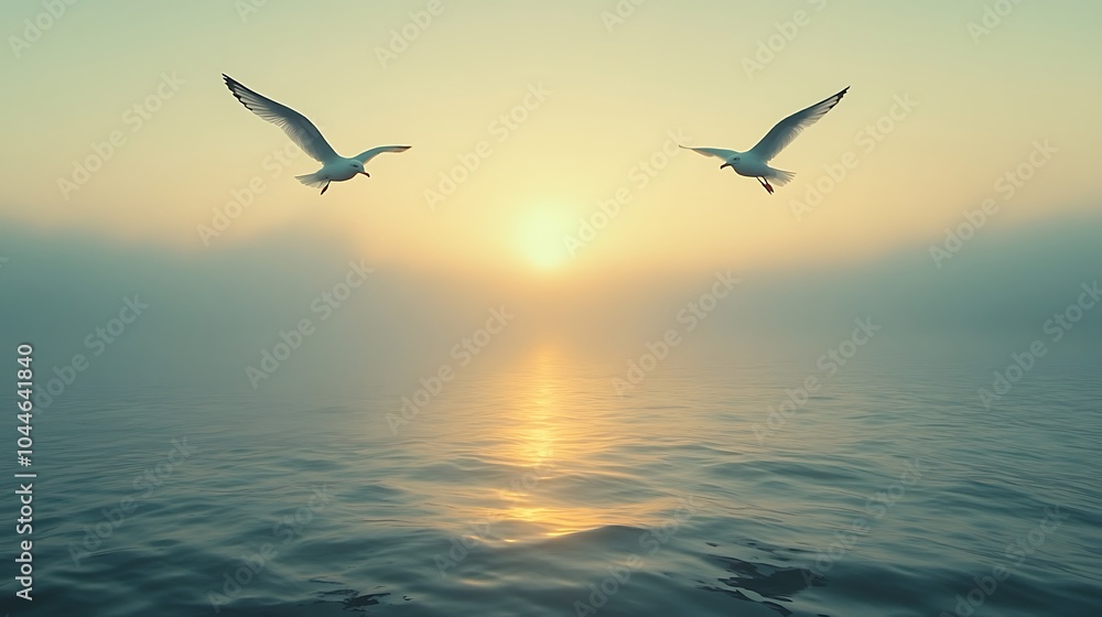 Fototapeta premium Tranquil Setting with Birds in Flight at Sunrise