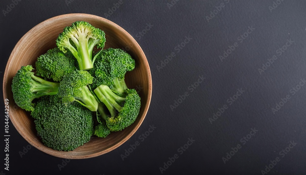 Broccoli in a bowl on a black background, top view, copy space Broccoli in a bowl on a black background, top view, copy space