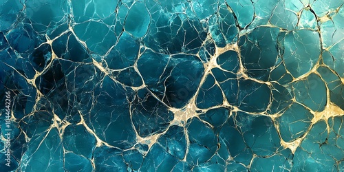 Shattering water and ice like surface broken in pieces background design in blue and golden lines