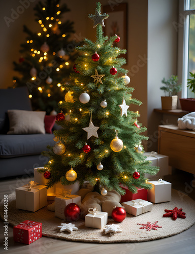 Christmas tree surrounded by crafting materials awaits completion of a DIY holiday project with festive touches.