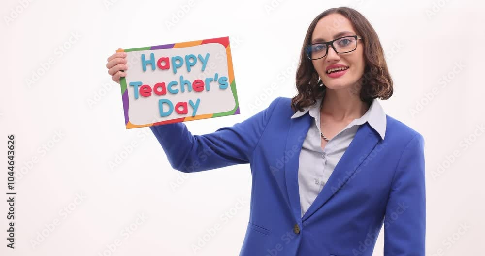 Woman tutor shows sign with phrase Happy Teacher Day on white background. Lady in glasses congratulates colleagues with holiday at school Woman tutor shows sign with phrase Happy Teacher Day on white background. Lady in glasses congratulates colleagues with holiday at school