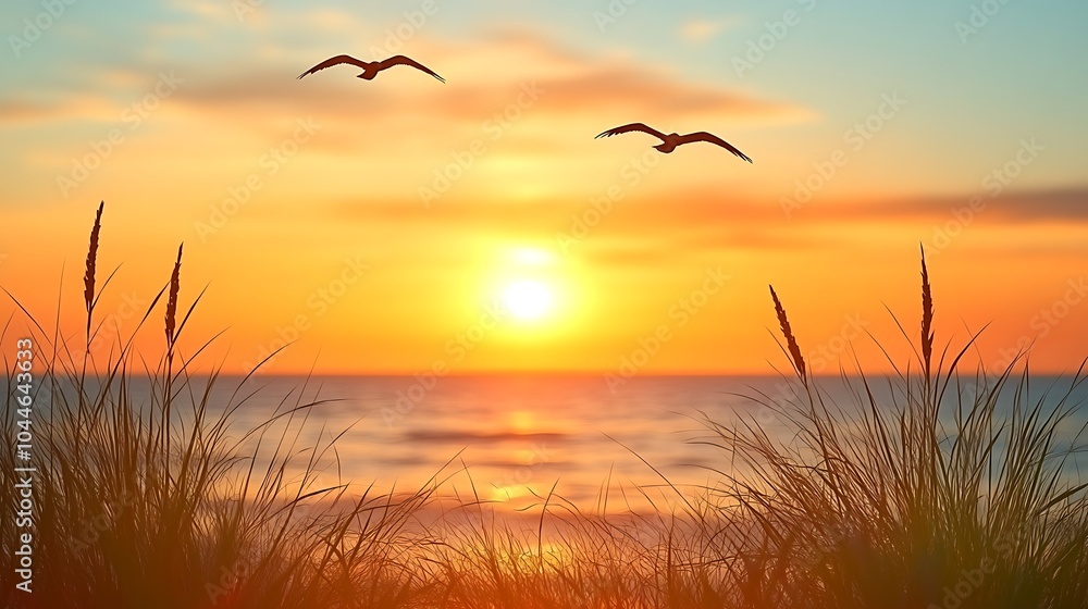Naklejka premium Enchanting Sunset with Flock of Birds Over Water