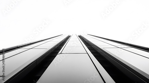 106. A worm's-eye view of a plain metallic railing extending upward, creating an abstract composition with a clear sky in the background