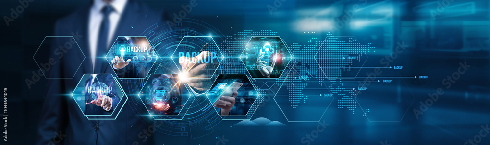 Businessman using tablet analyzing backup strategies and ensuring business continuity and disaster recovery, implementing cloud-based backup solutions, monitoring backup performance and security. Businessman using tablet analyzing backup strategies and ensuring business continuity and disaster recovery, implementing cloud-based backup solutions, monitoring backup performance and security.