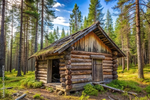 Silhouette of abandoned wooden hut in the taiga forest