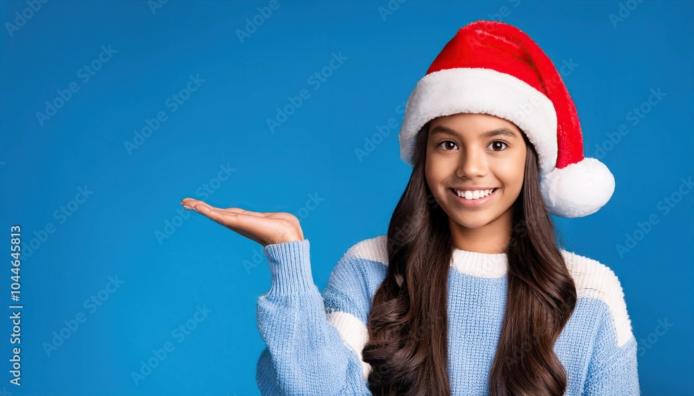 girl in santa claus hat hold hand demonstrate x-mas newyear advert promo girl in santa claus hat hold hand demonstrate x-mas newyear advert promo