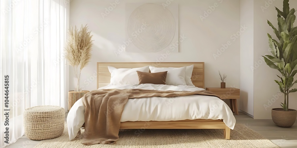 Cozy bedroom with soft bed and unique designed house, clean and neat bedroom with large bed and pillows with luxury design of white and brown Cozy bedroom with soft bed and unique designed house, clean and neat bedroom with large bed and pillows with luxury design of white and brown