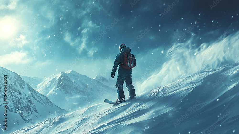 A snowboarding adventure on a snowy mountain during a bright winter day A snowboarding adventure on a snowy mountain during a bright winter day