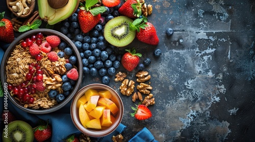 A Vibrant Healthy Breakfast Spread with Fresh Fruits and Crunchy Granola for a Fresh Start!