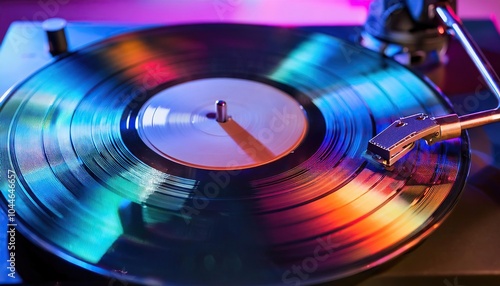 vinyl record on a turntable, with vibrant neon lights 