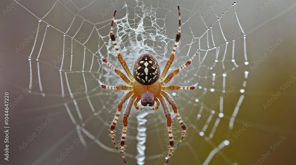 A large brown and white spider with long legs sits in the center of its web.  The web is covered in dew drops.