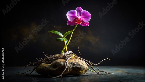 Silhouette of an orchid flower with black rock in dark space, roots covering surface photo