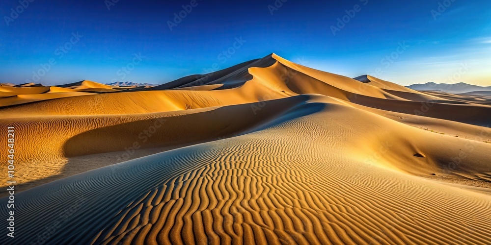 Naklejka premium Symmetrical dunes in desert with blue sky and shadows on sand