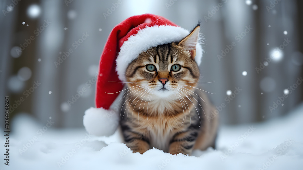 Adorable cat wears red Santa hat in snowy winter forest scene. Adorable cat wears red Santa hat in snowy winter forest scene.