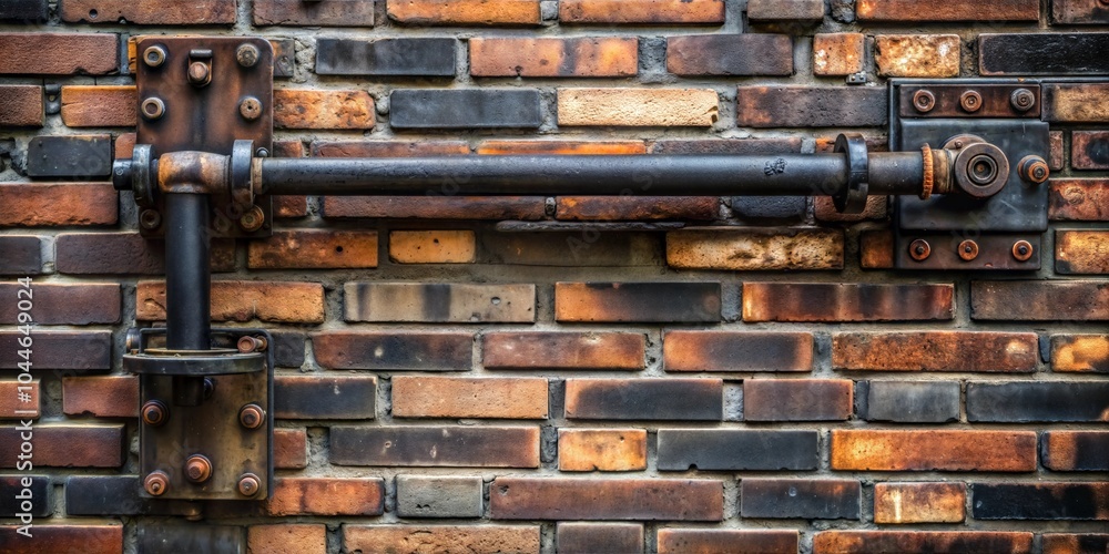 Weathered metal bar on black brick wall with industrial texture Weathered metal bar on black brick wall with industrial texture